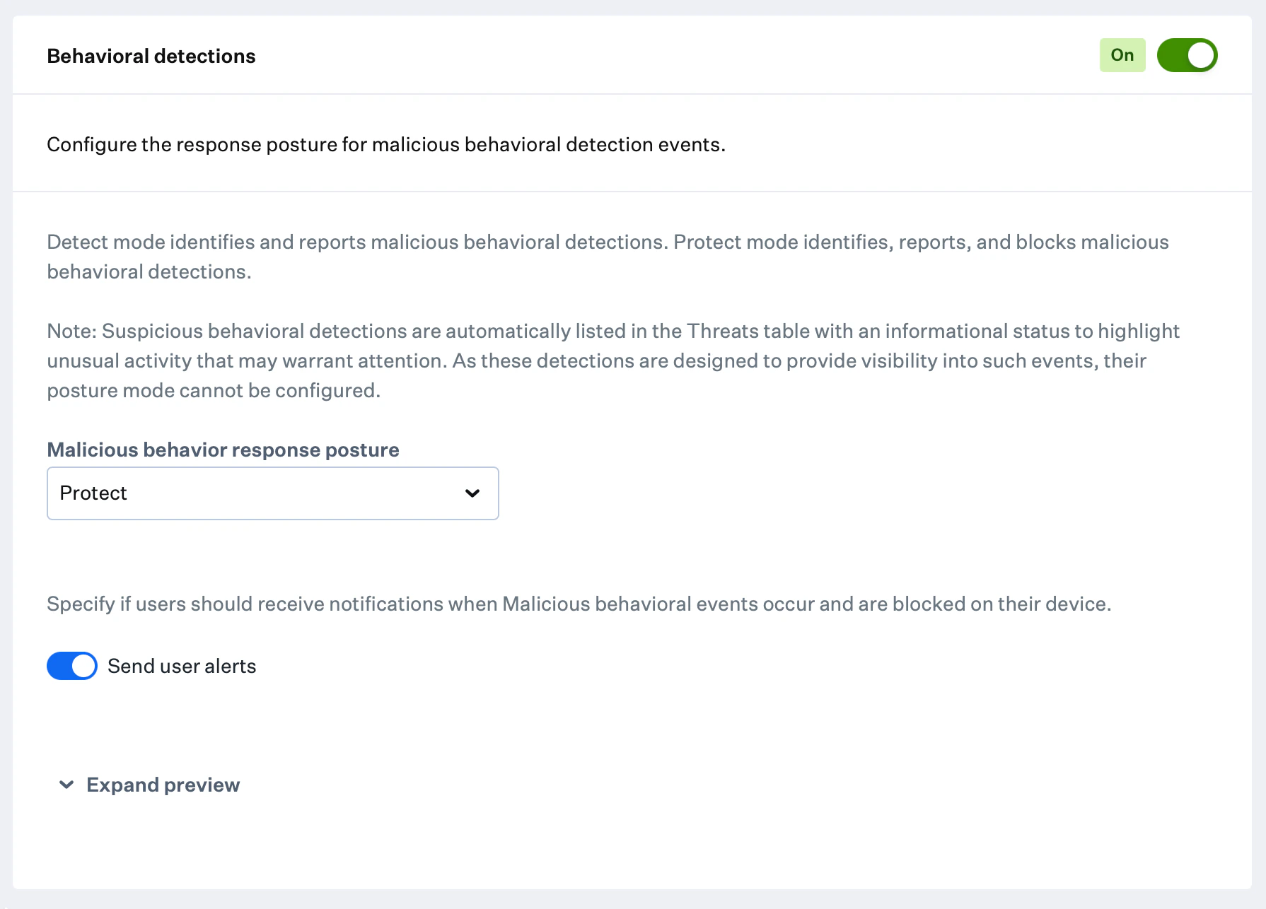 Behavioral detection settings with Malicious behavior posture options