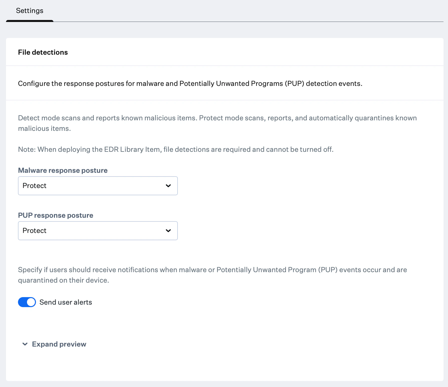 File detection settings for Malware and PUP posture modes