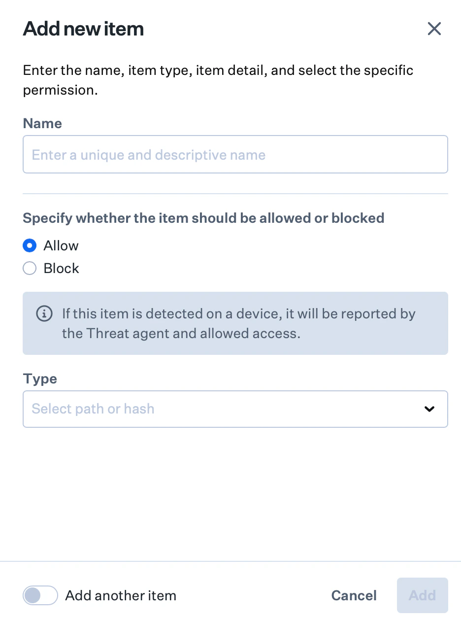 Add item dialog for Allow or Block list