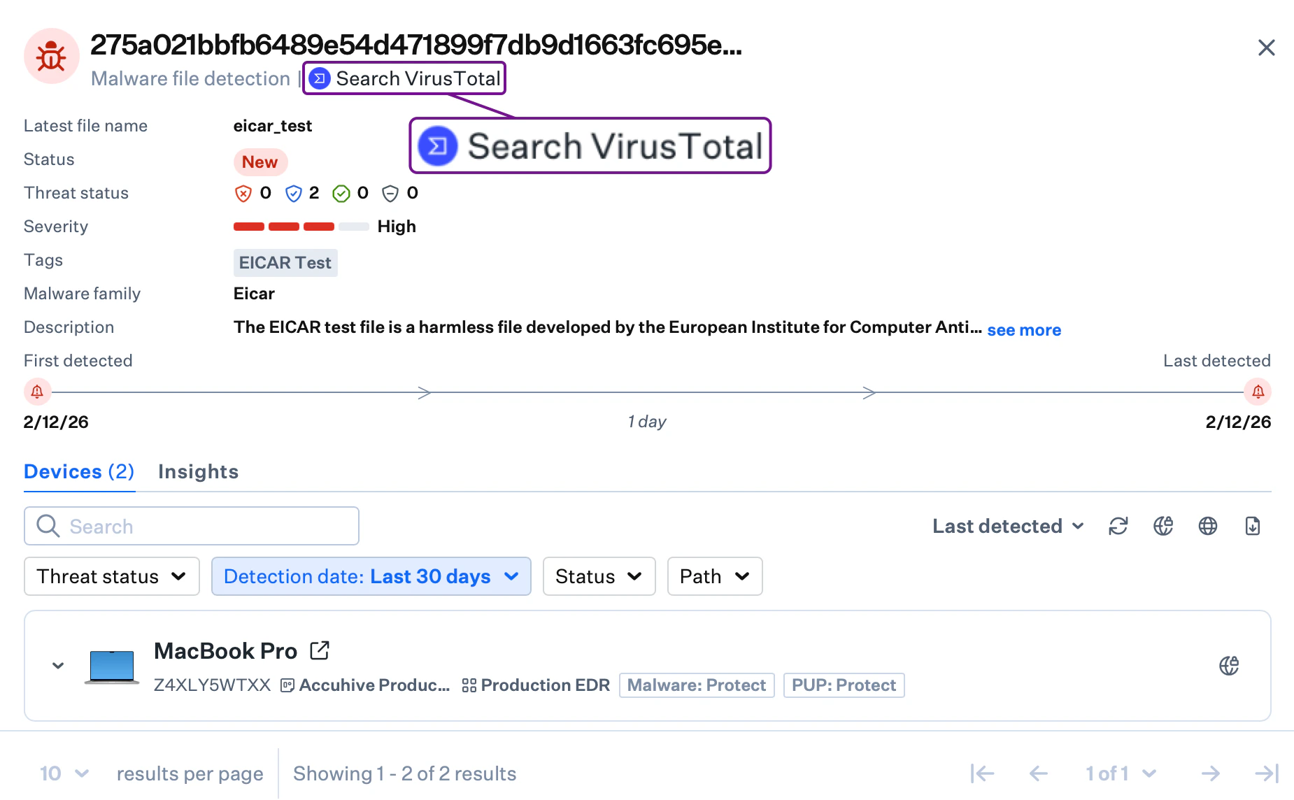 Search VirusTotal from the threat event side panel