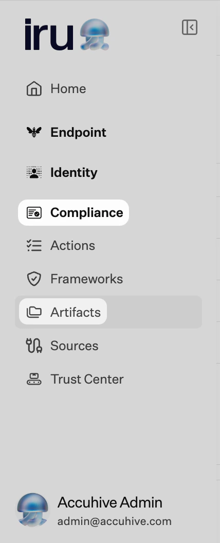 Left navigation: Compliance expanded, Artifacts selected