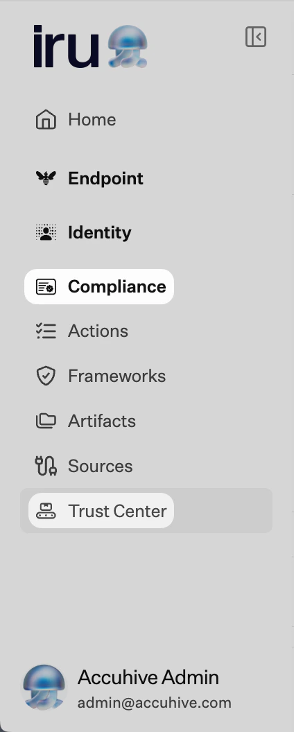 Left navigation: Compliance expanded, Trust Center selected