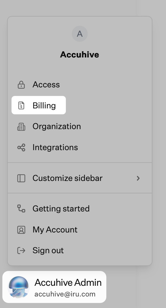 Screenshot of the account menu with Billing option highlighted