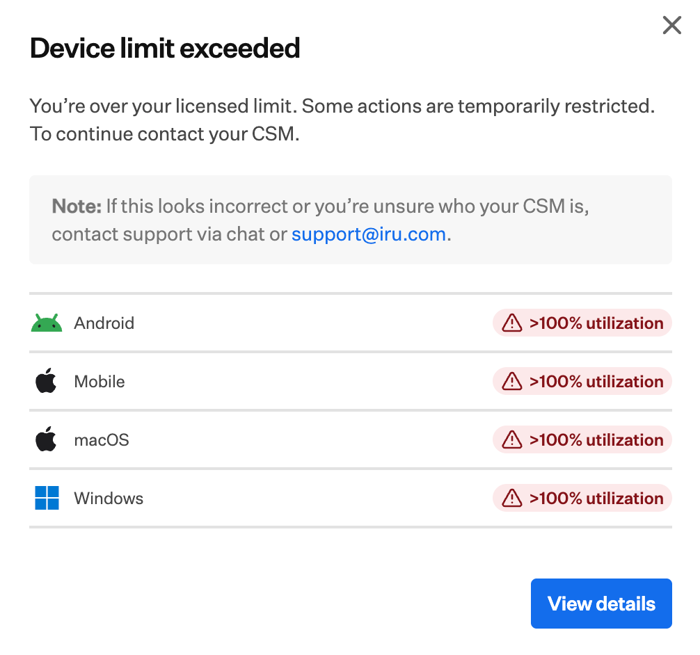 Device limit exceeded dialog with platform list over 100% utilization and View details button