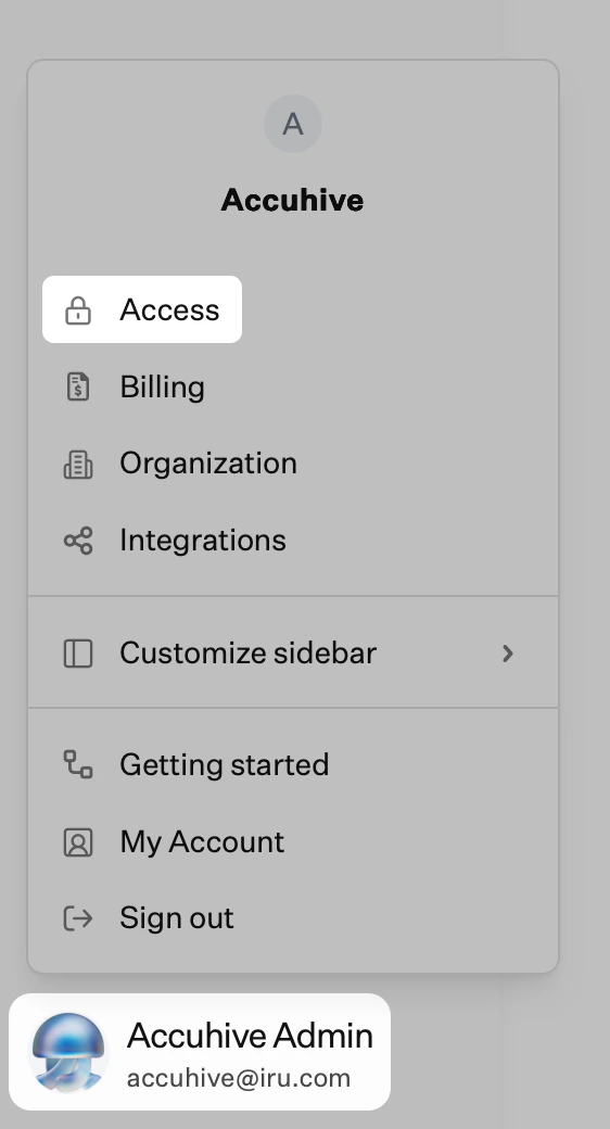 Screenshot of the account menu with Access option highlighted
