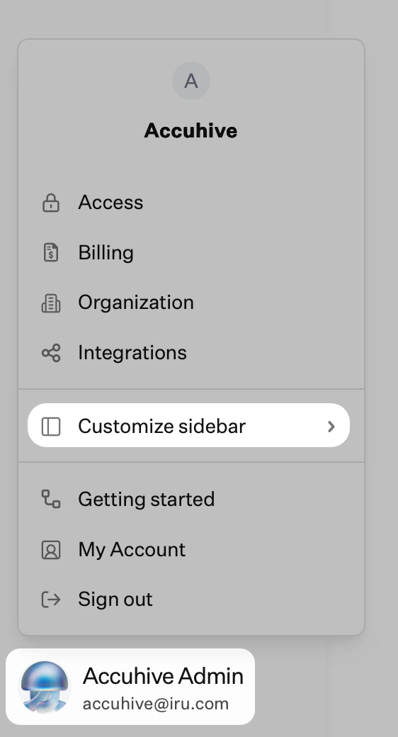 Account menu with Customize sidebar option highlighted