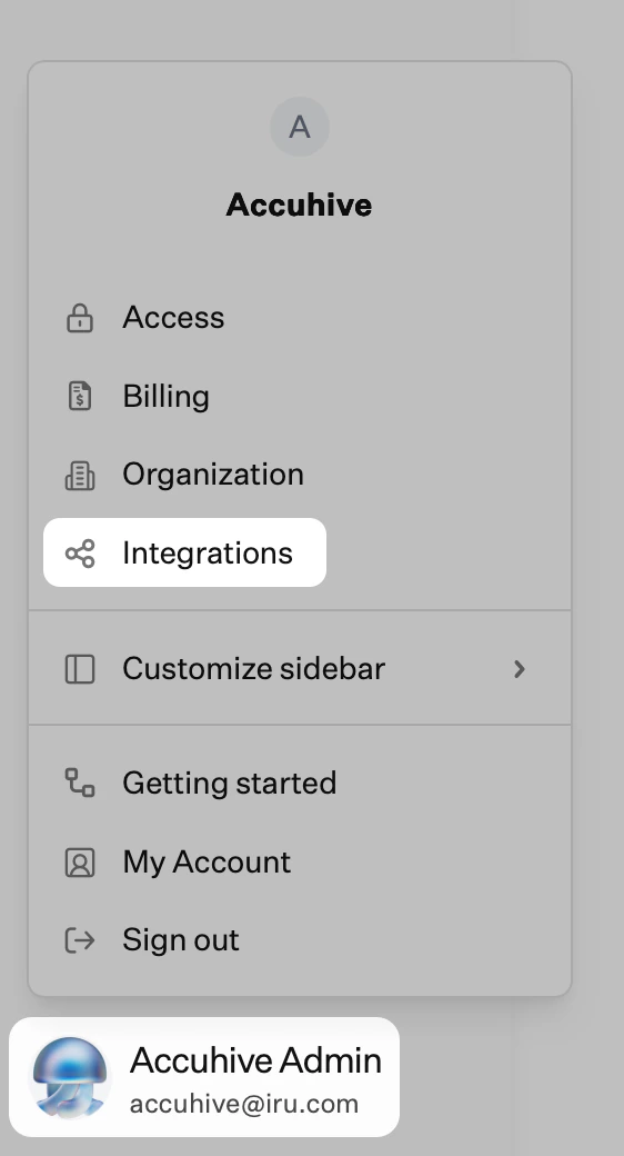 Screenshot of the account menu with Integrations option highlighted