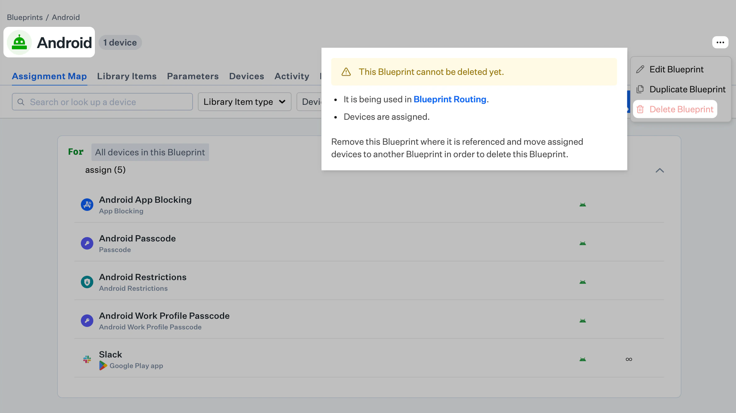 Blueprint page with header ellipsis open, hovering over disabled Delete Blueprint and cannot-delete warning for Blueprint Routing and assigned devices