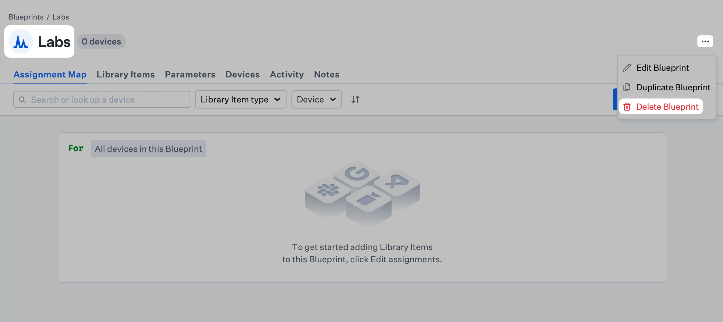 Blueprint page opened from a tile, with header ellipsis open and Delete Blueprint in red