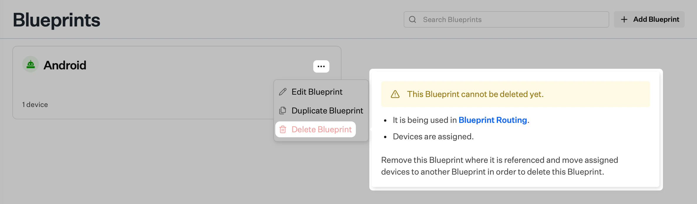 Blueprints page with ellipsis menu open, hovering over disabled Delete Blueprint and cannot-delete warning for Blueprint Routing and assigned devices