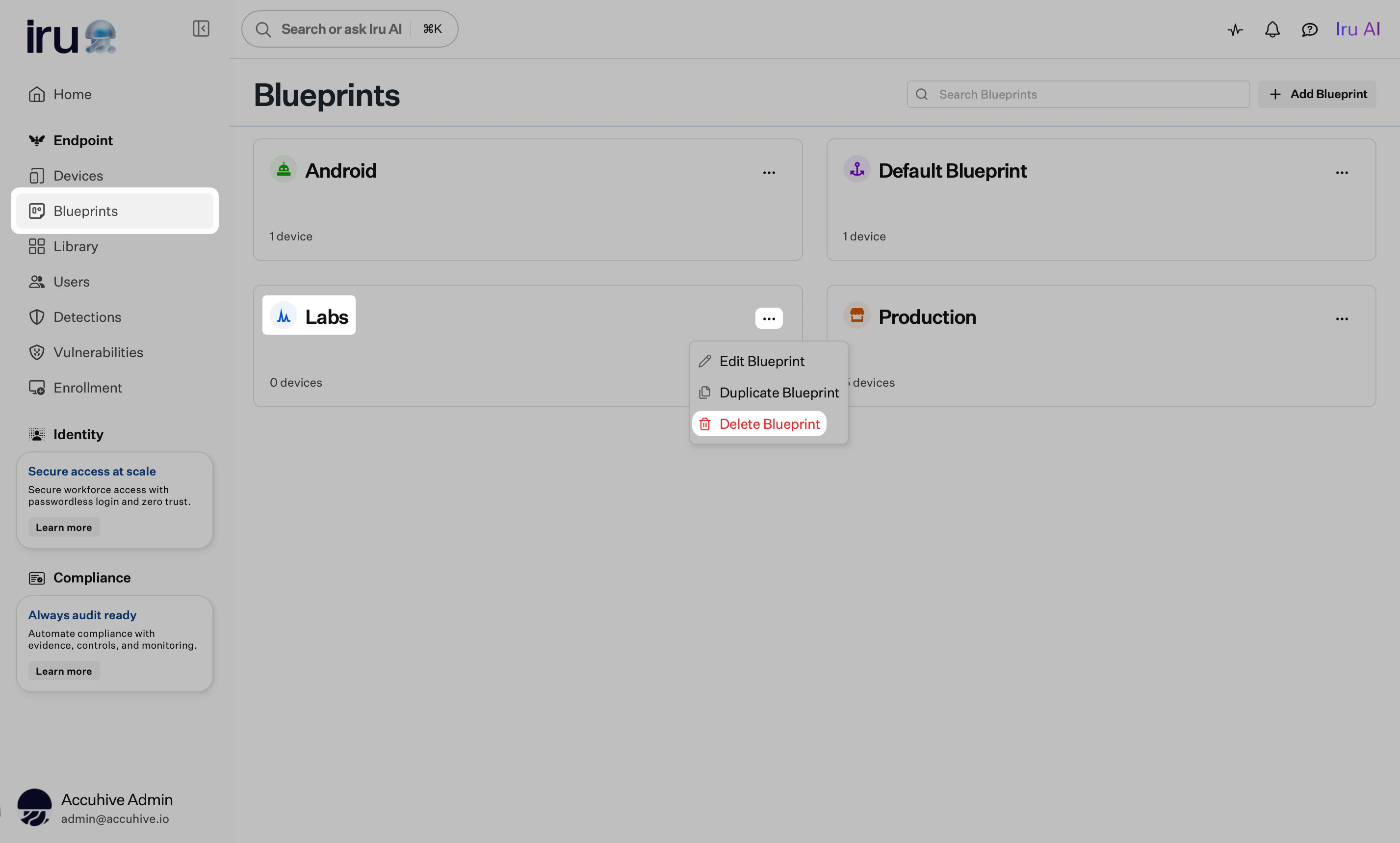 Blueprints page with a Blueprint tile ellipsis menu open and Delete Blueprint in red