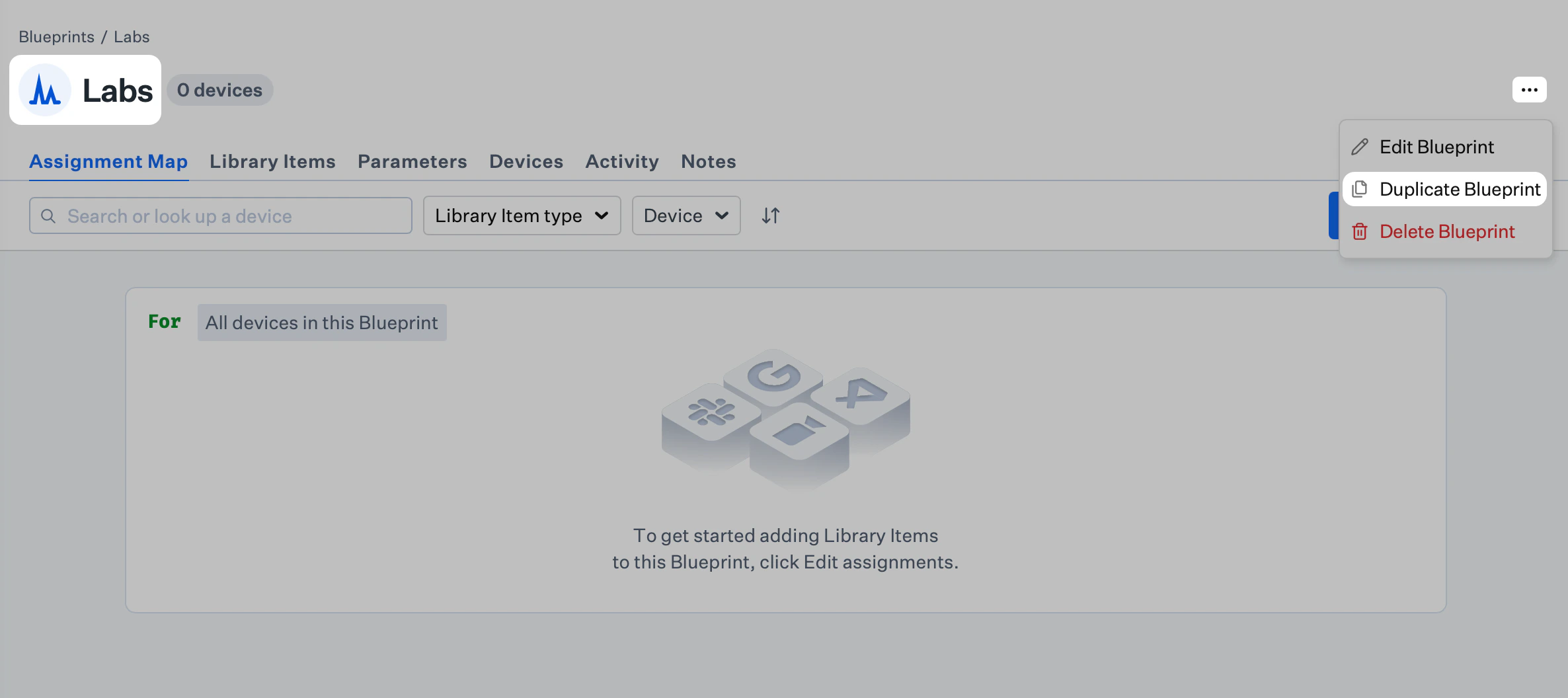 Blueprint page opened from a tile, with header ellipsis open and Duplicate Blueprint highlighted