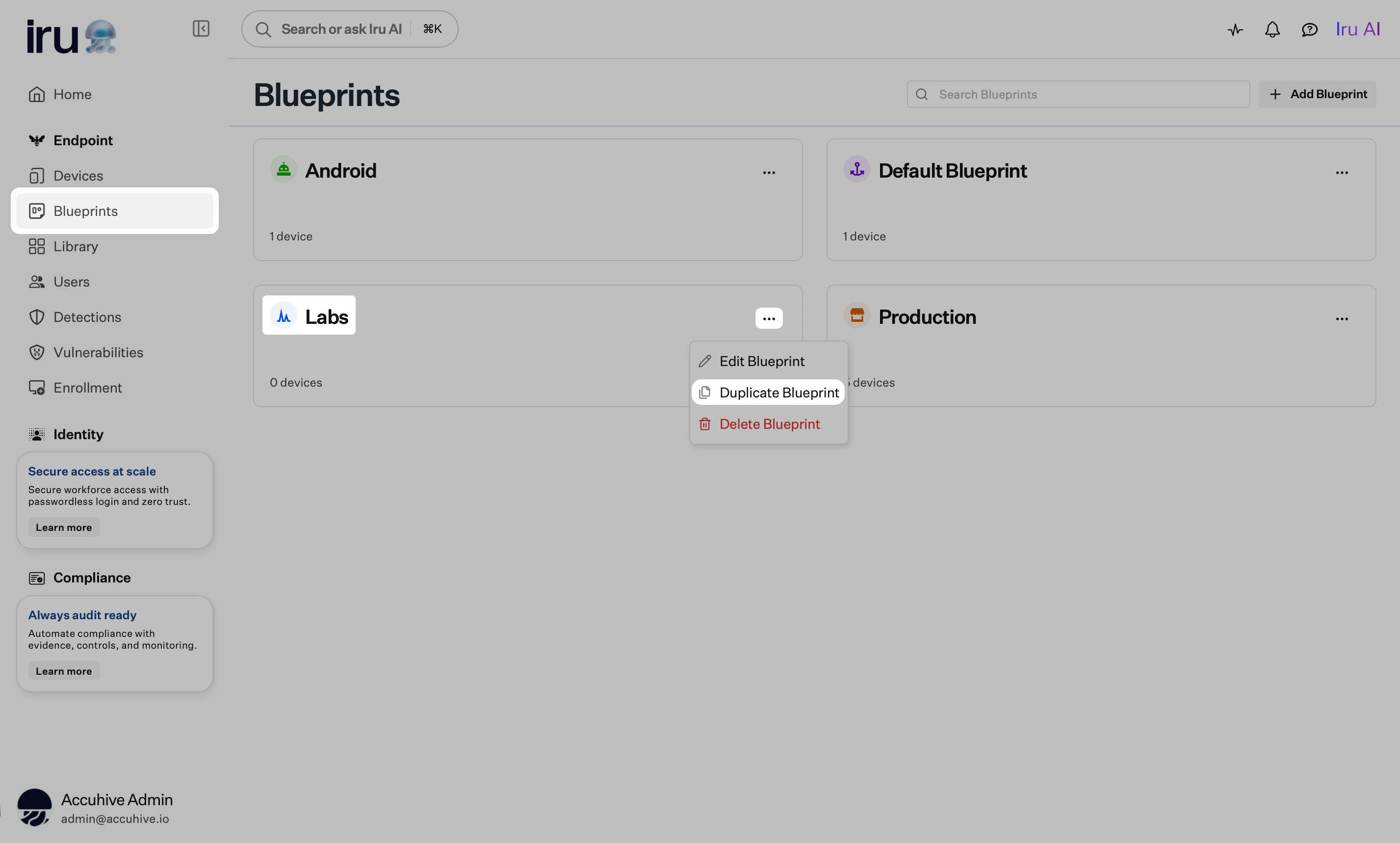 Blueprints page with a Blueprint tile ellipsis open and Duplicate Blueprint highlighted