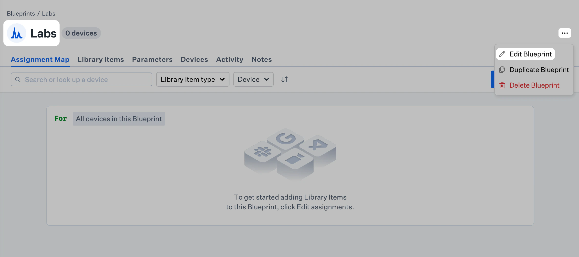 Blueprint page opened from a tile, with header ellipsis menu open