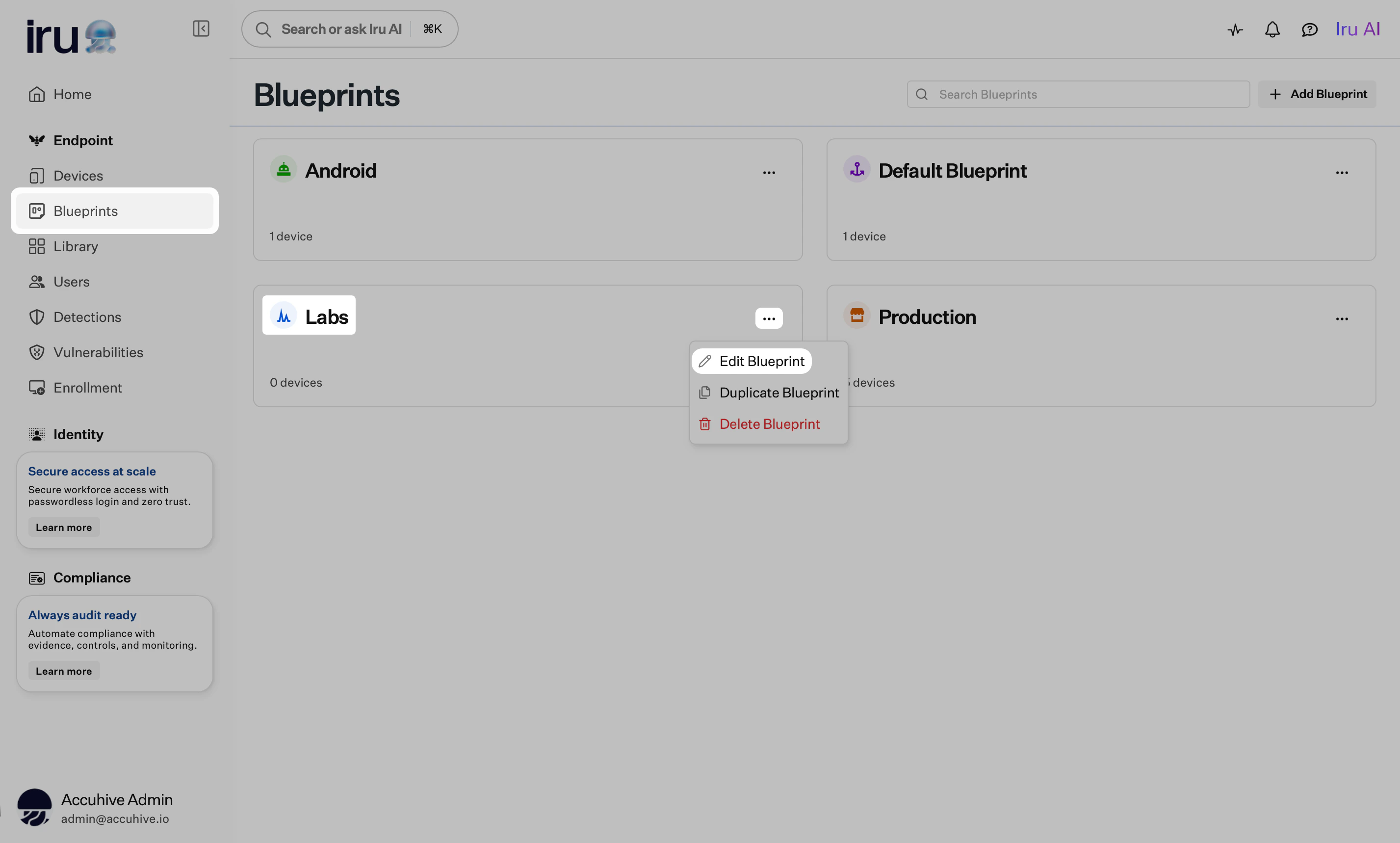 Blueprints page with a Blueprint tile ellipsis menu open