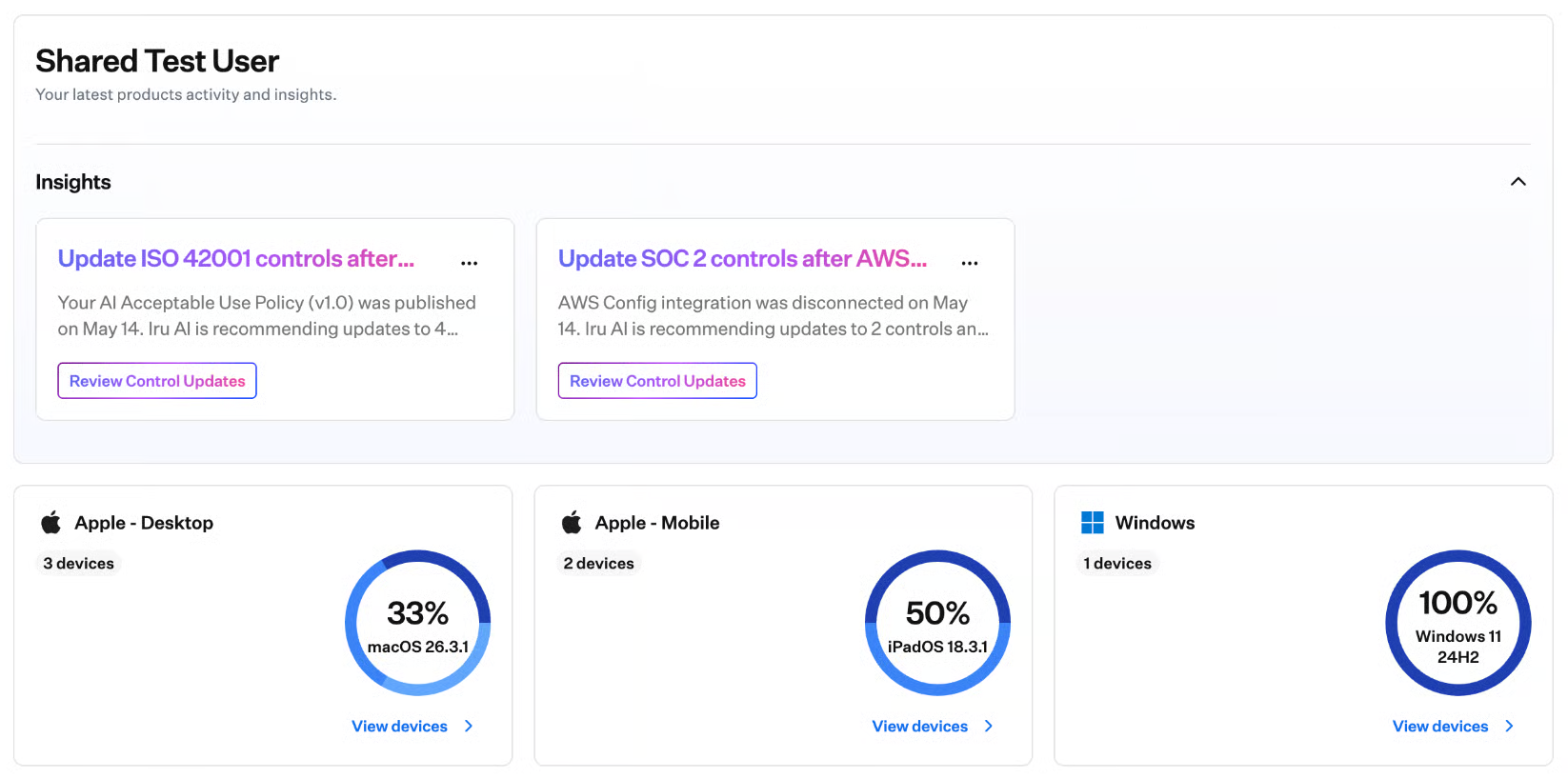 Home page showing tenant counts, Insights cards, and platform device cards