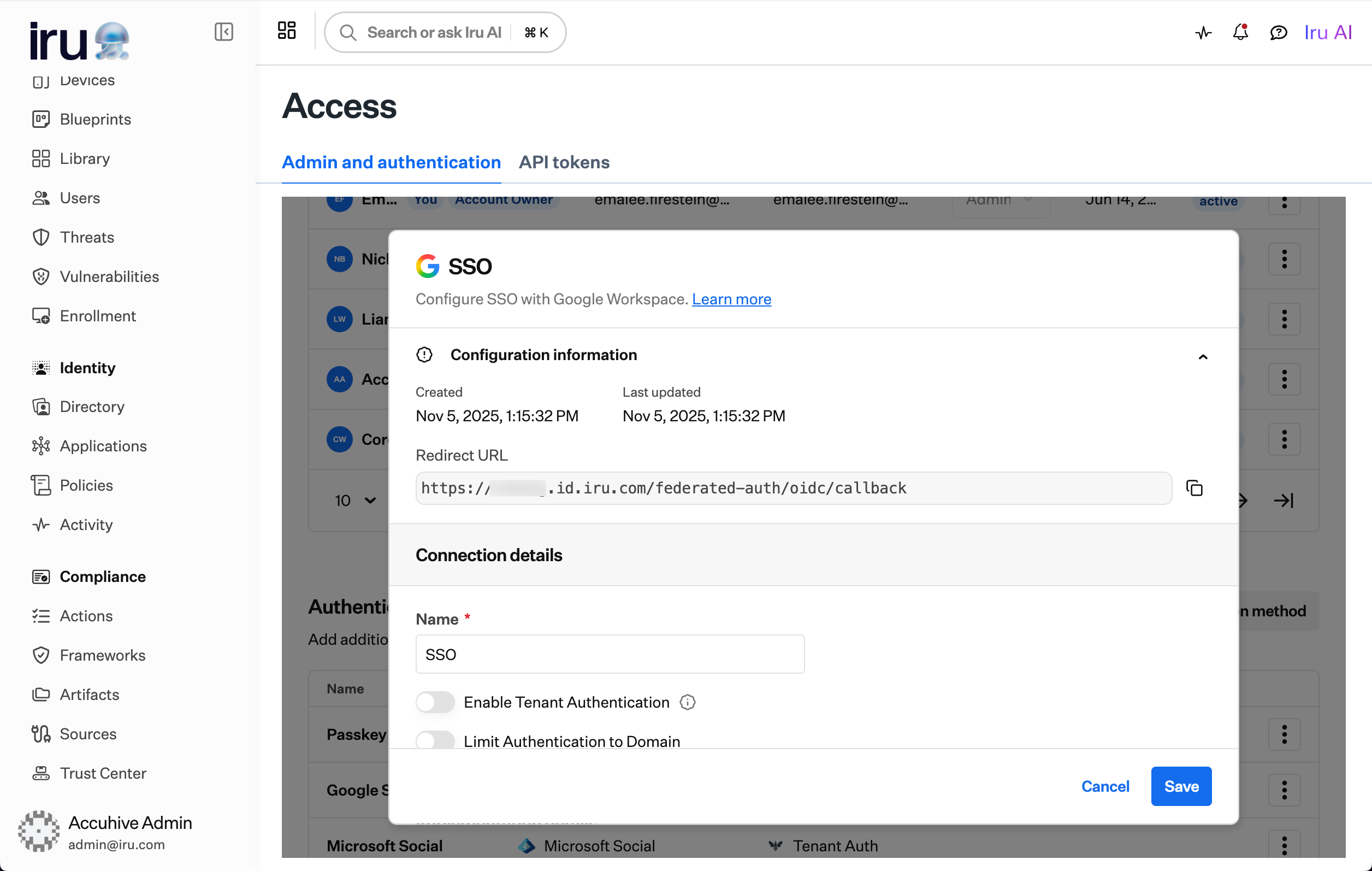 Settings Access Admin and Authentication page showing Authentication methods section with Google Workspace option and the redirect URI displayed