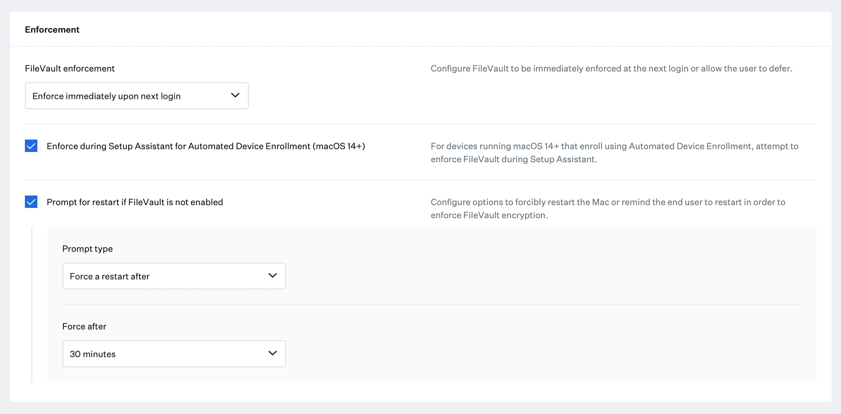 FileVault enforcement settings