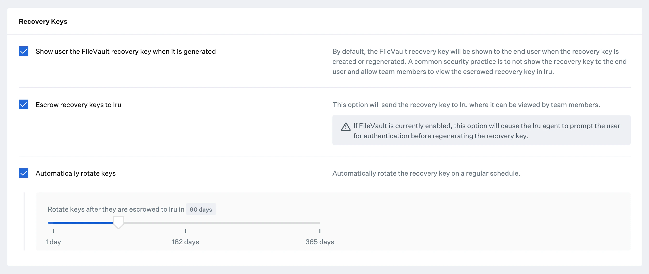 FileVault recovery keys settings including escrow and automatic rotation