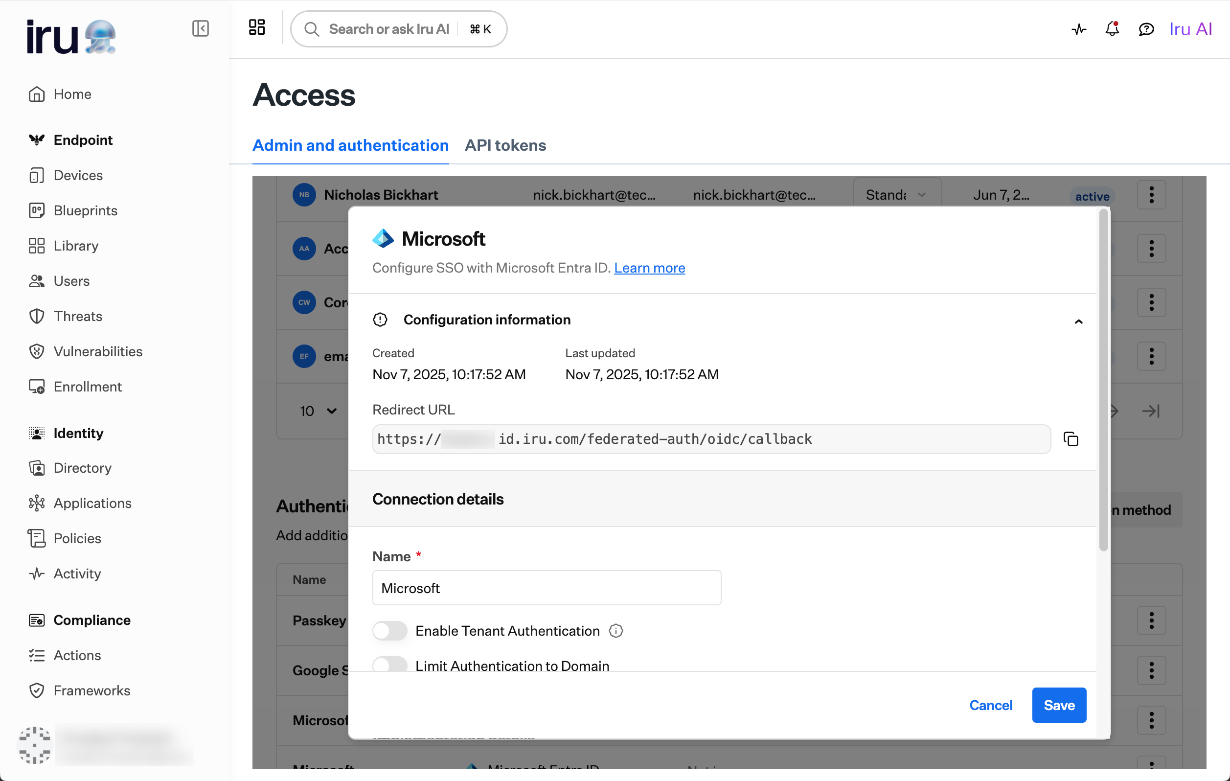 Settings Access Admin and Authentication page showing Authentication methods section with Microsoft Entra ID option and the redirect URI displayed