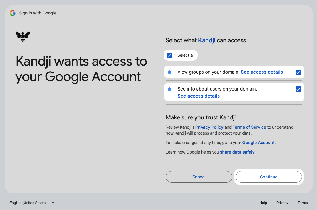 Google access screen with Select all, View groups on your domain, and See info about users on your domain selected, with Continue highlighted