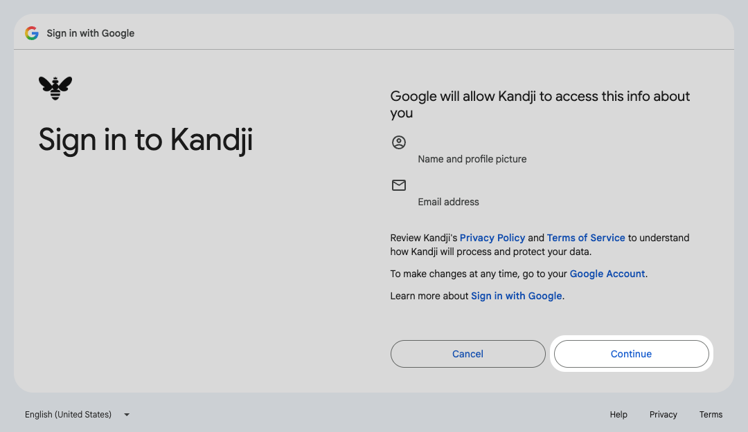 Google Sign in to Kandji screen requesting name, profile picture, and email address, with Continue highlighted