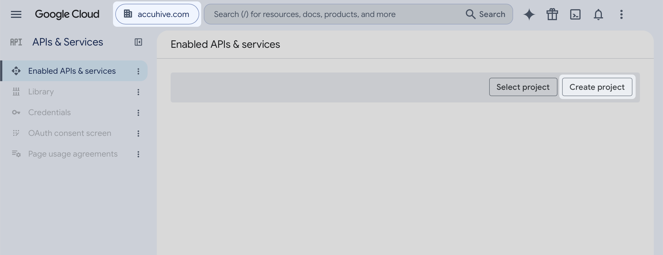 Google Cloud APIs & Services page with Create project and the project selector
