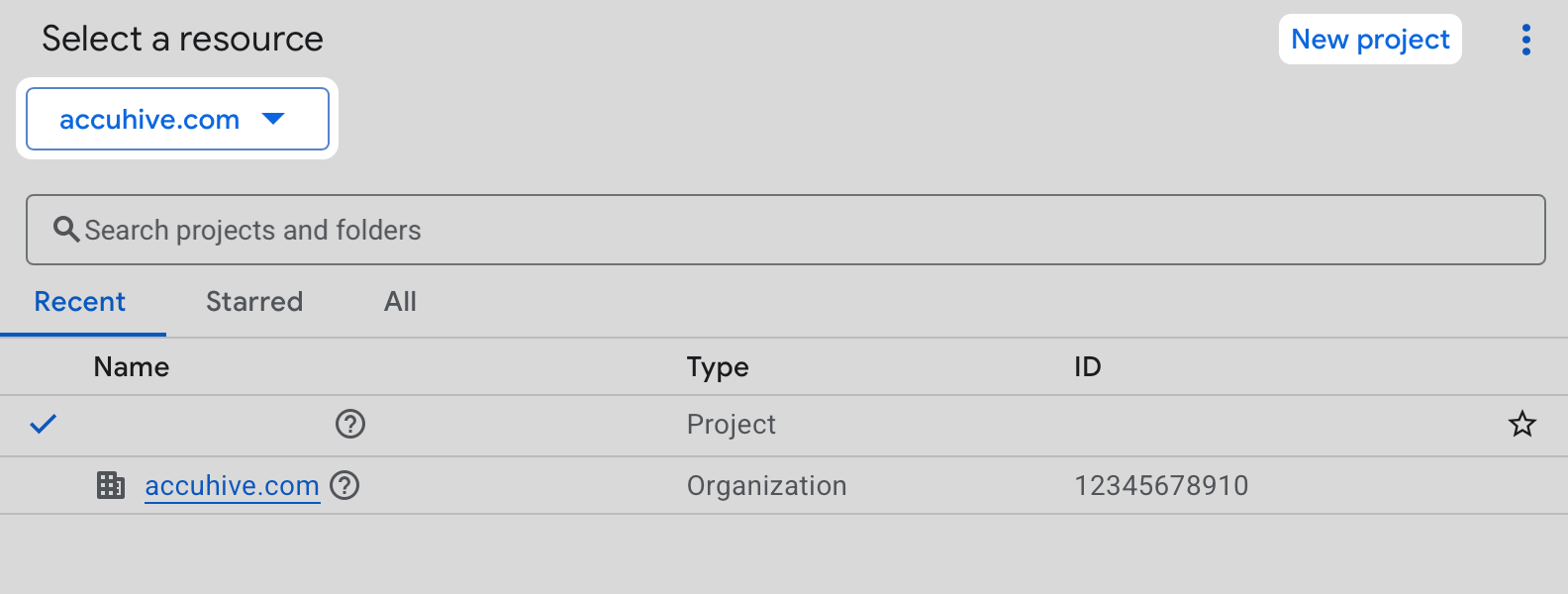 Google Cloud Select a resource dialog with an organization selected and New project