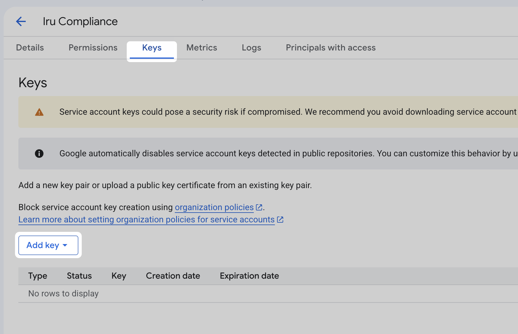 Google Cloud service account Keys tab with Add key for Iru Compliance