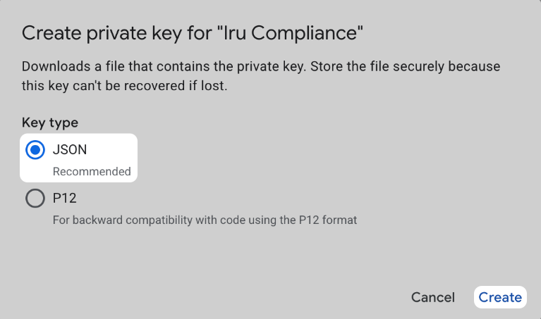 Create private key dialog for Iru Compliance with JSON selected