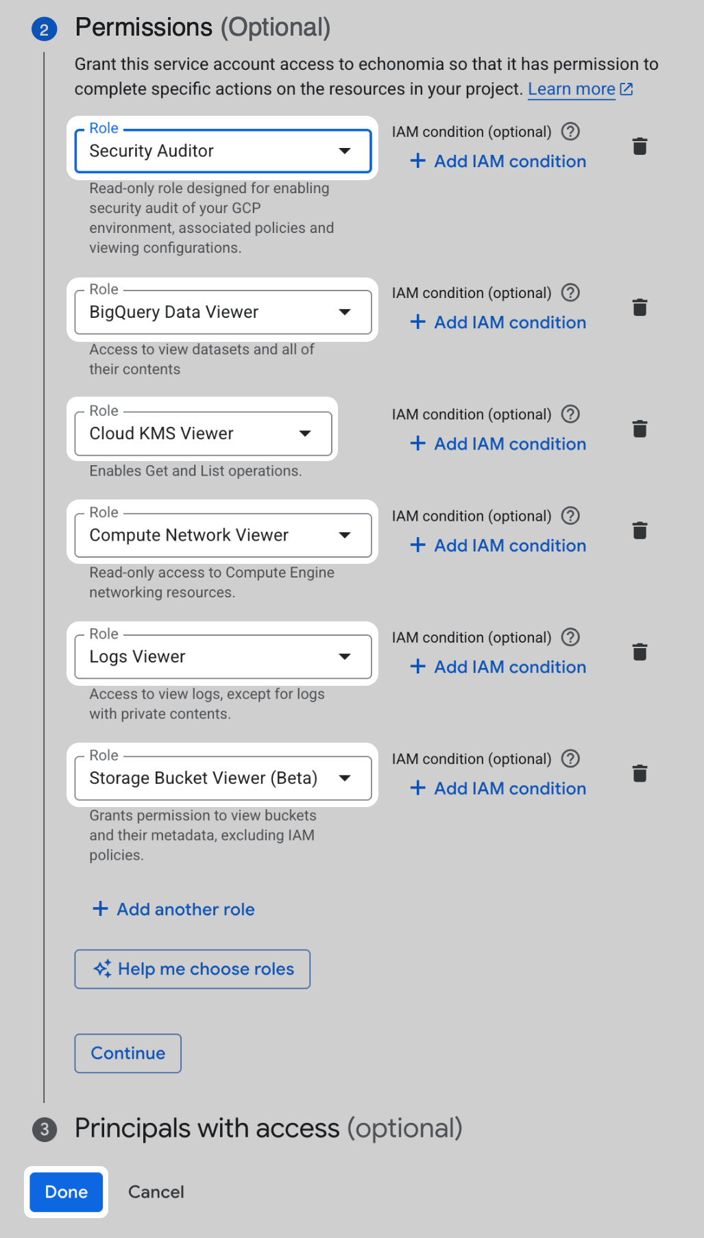 Google Cloud Permissions step with Security Auditor, BigQuery Data Viewer, Cloud KMS Viewer, Compute Network Viewer, Logs Viewer, and Storage Bucket Viewer roles