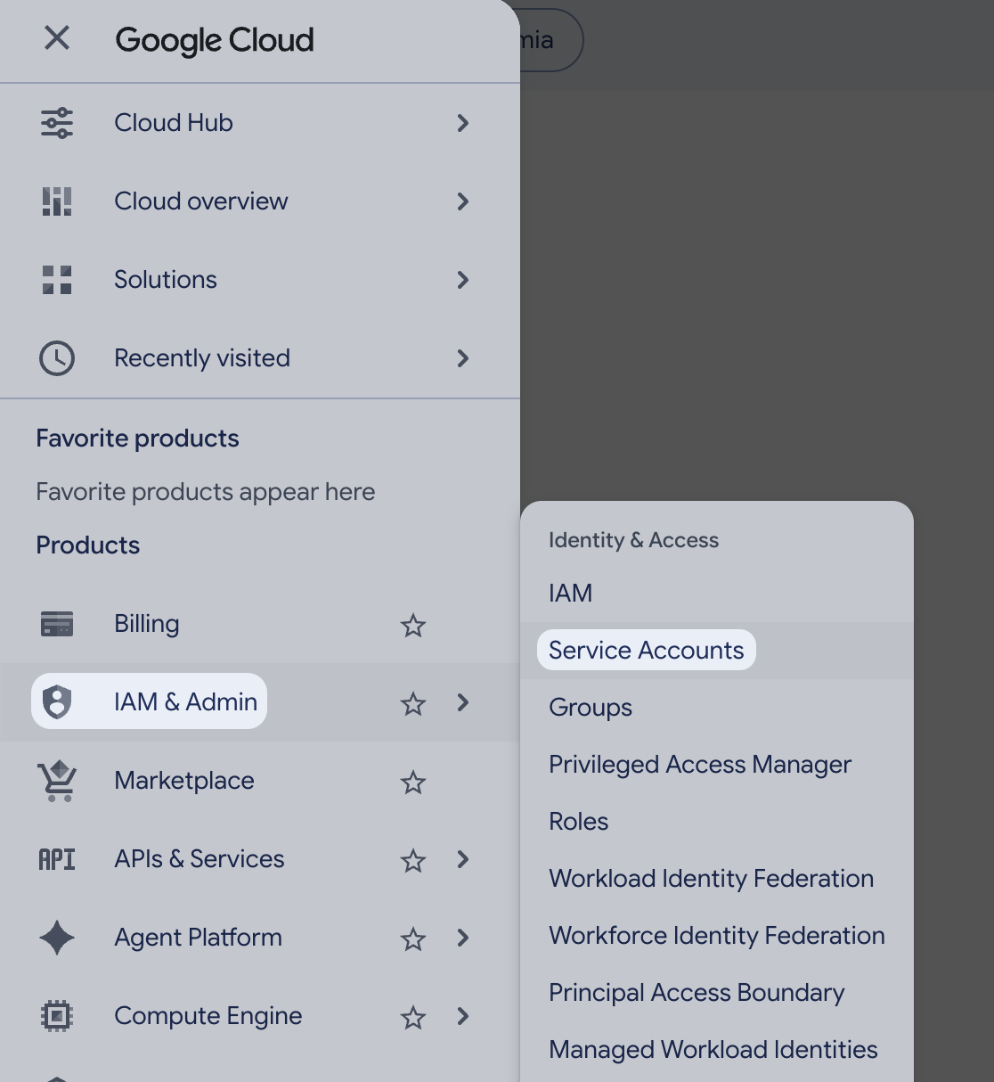 Google Cloud console navigation showing IAM and Admin with Service Accounts selected