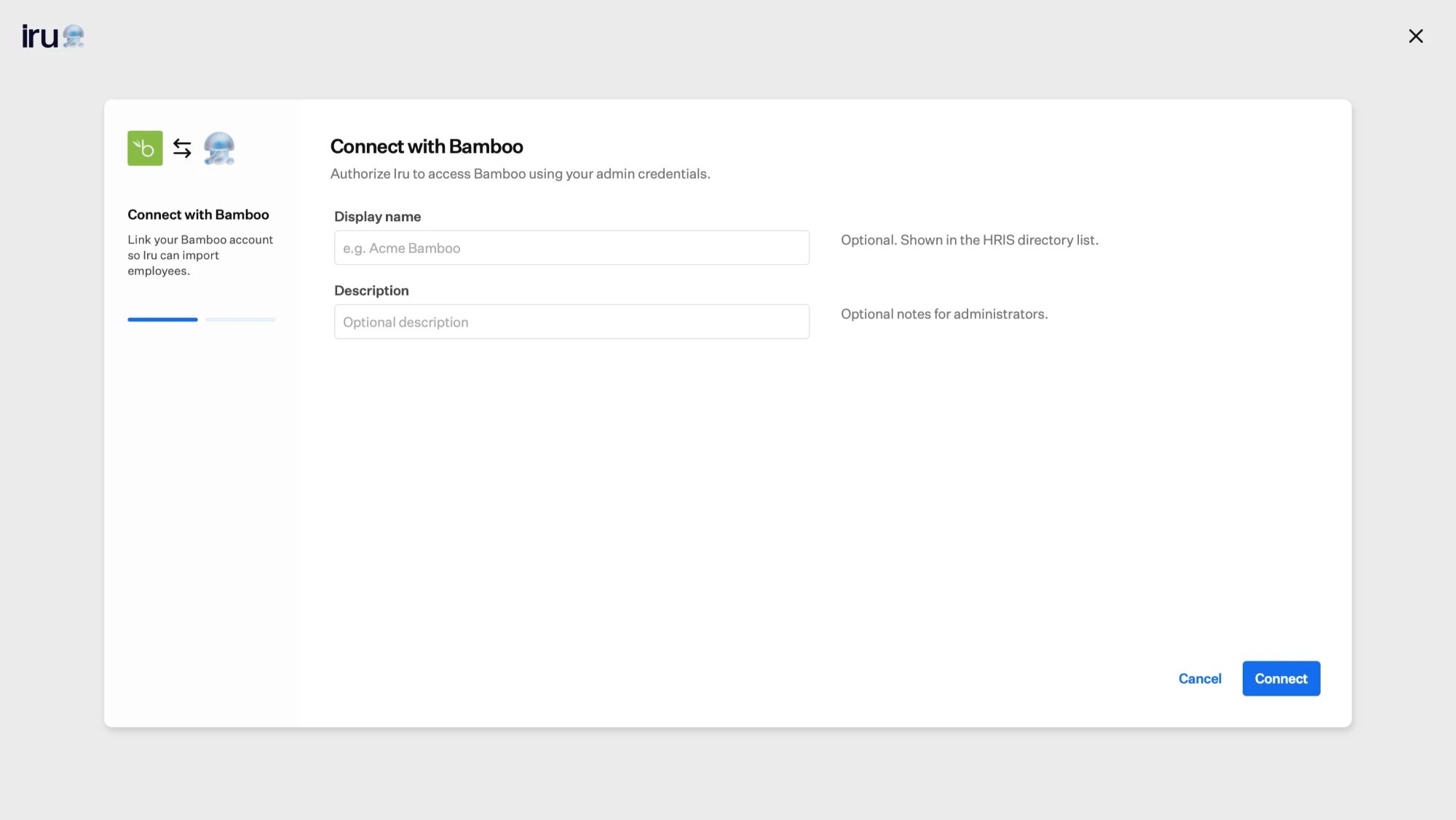 The Connect with Bamboo dialog with optional Display name and Description fields and a Connect button.