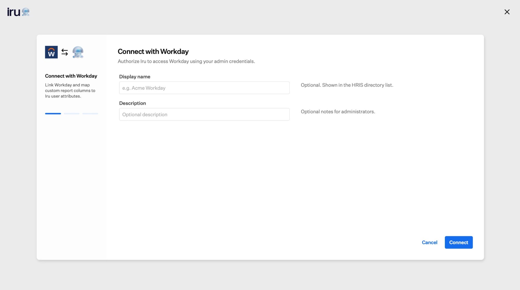 The Connect with Workday dialog with optional Display name and Description fields and a Connect button.