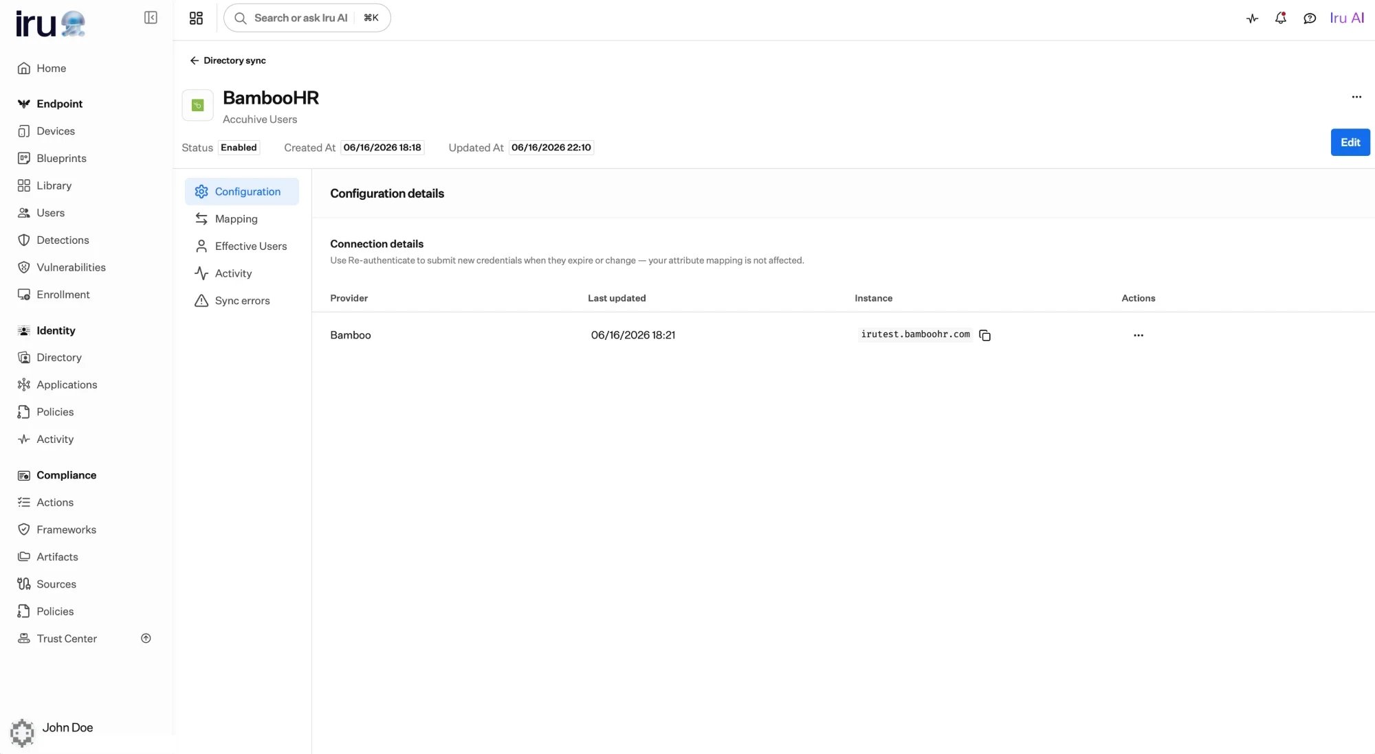 The Configuration tab of a connection detail page, showing Status Enabled, Connection details with the provider and instance, a Re-authenticate action, and the left-hand Configuration, Mapping, Effective Users, Activity, and Sync errors tabs.