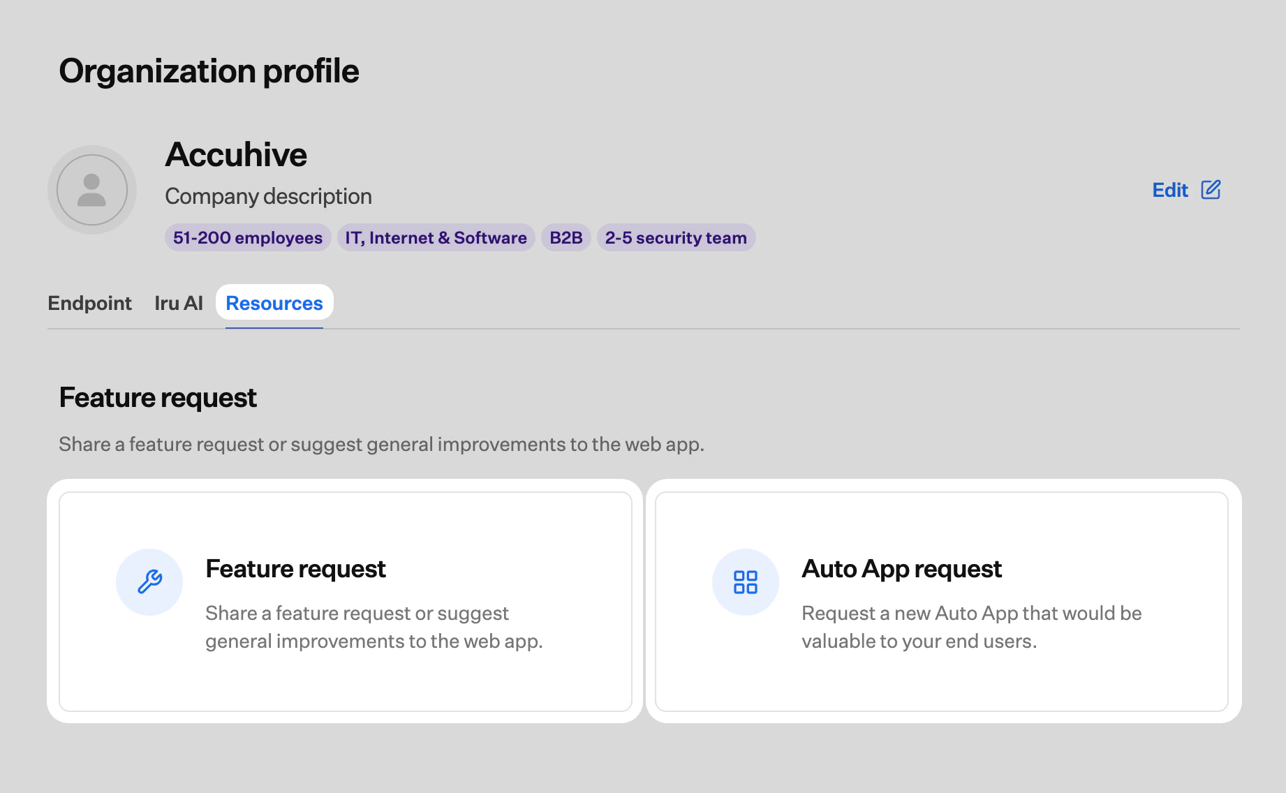 Organization Resources tab showing Feature and Auto App requests options