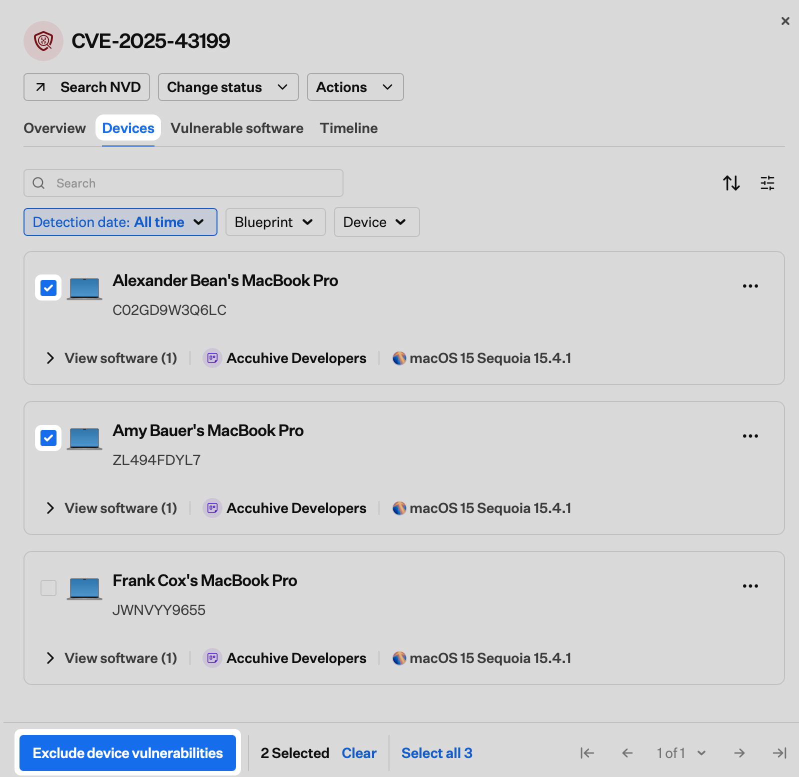 CVE Devices tab with multiple devices selected and Exclude device vulnerabilities in the bulk action bar