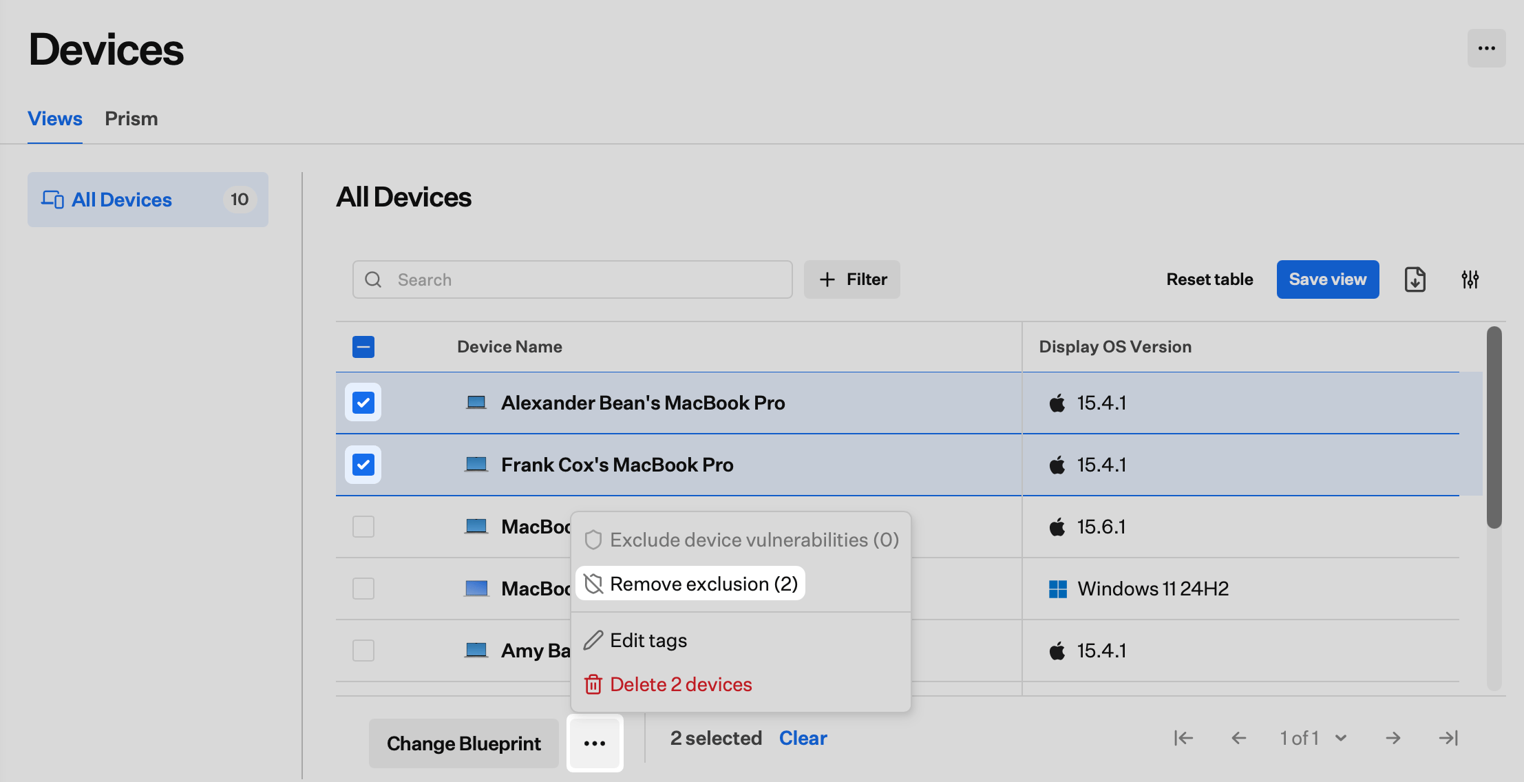 Devices page with multiple excluded devices selected and Remove exclusion in the bulk action menu