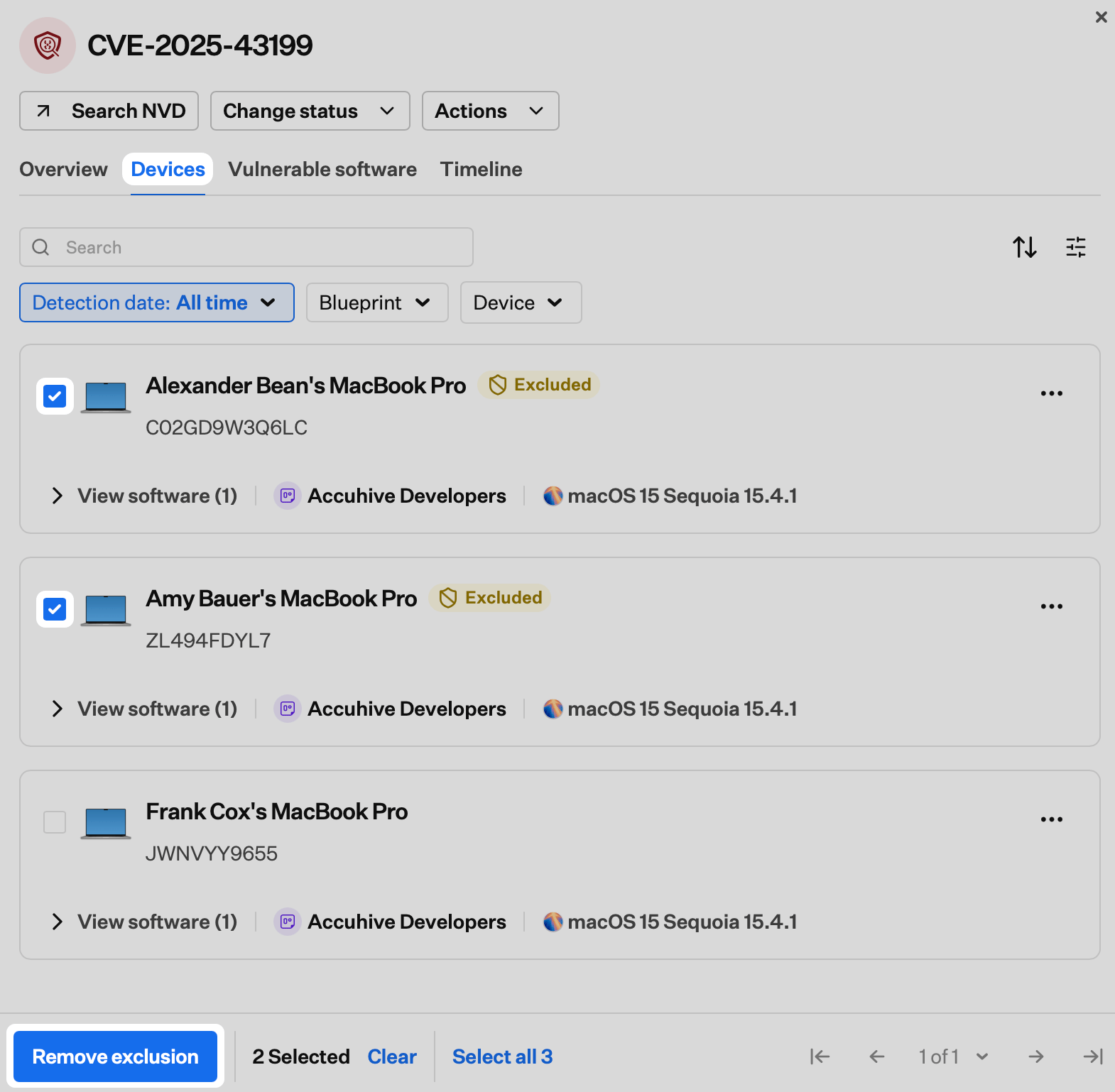 CVE Devices tab with multiple excluded devices selected and Remove exclusion in the bulk action bar