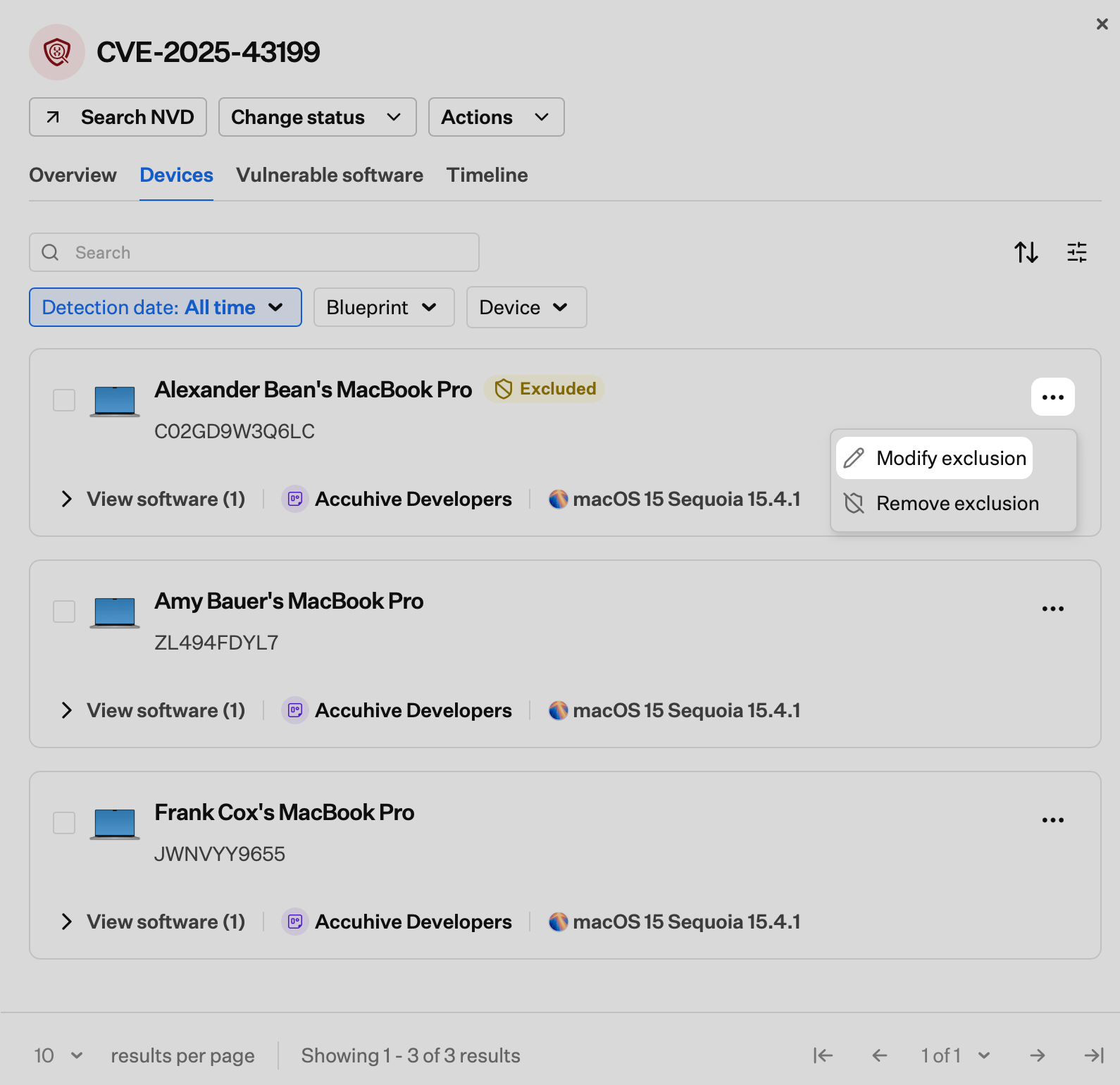 Ellipsis menu showing Modify exclusion for an excluded device in the CVE Devices tab