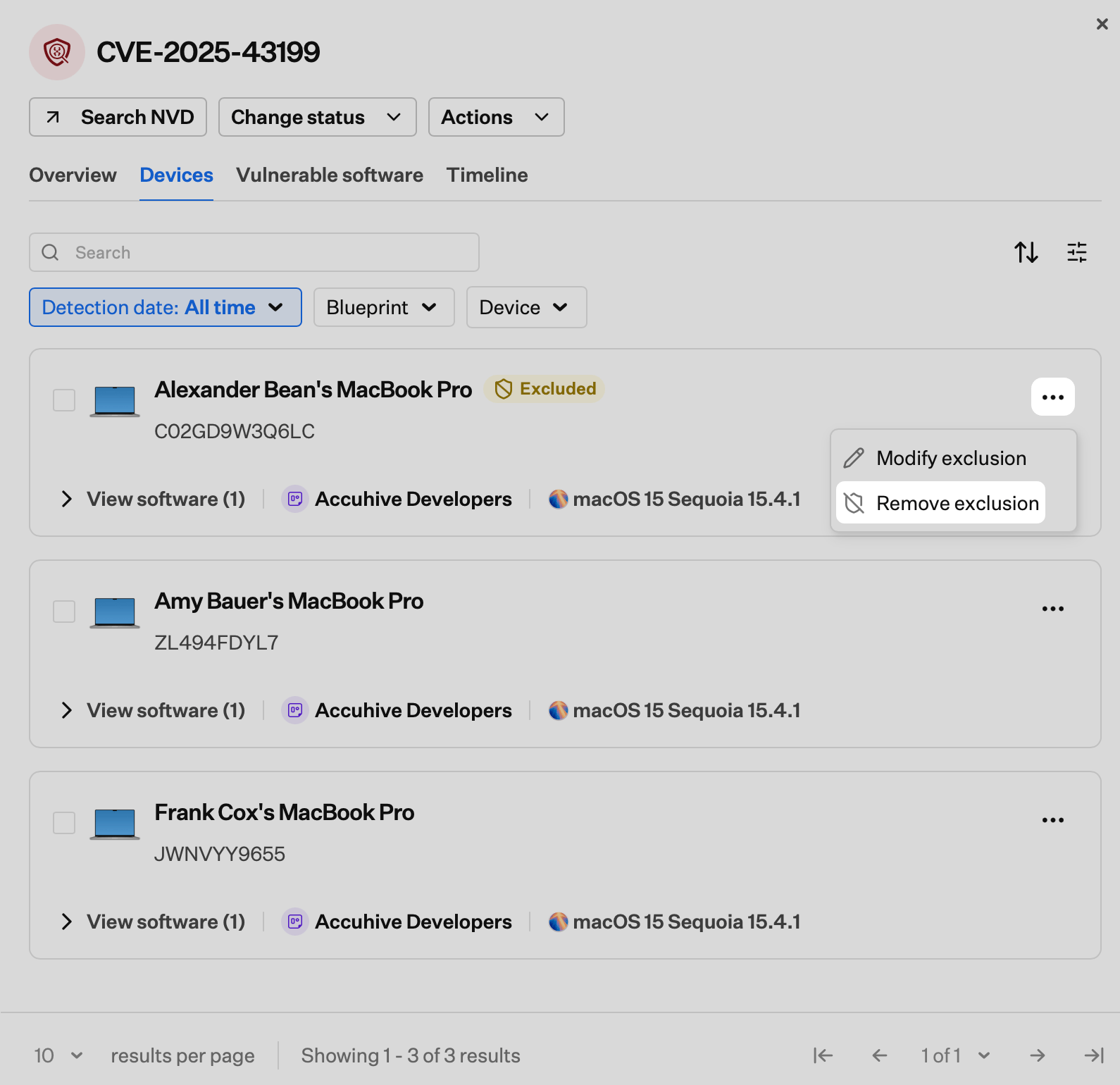 Ellipsis menu showing Remove exclusion for an excluded device in the CVE Devices tab