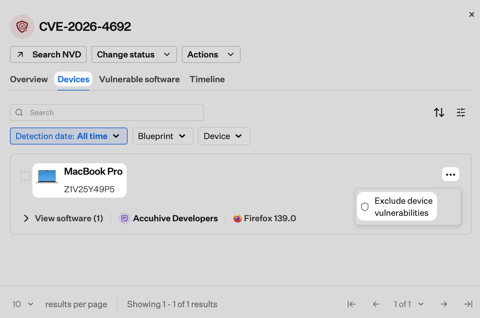 CVE Devices tab showing the ellipsis menu with Exclude device vulnerabilities for a device in the list