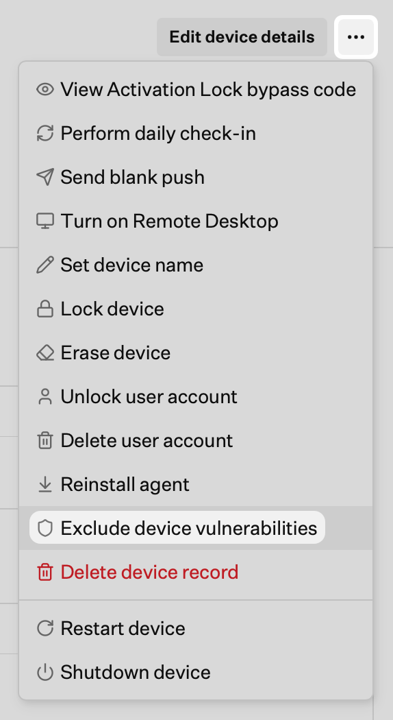 Device Action Menu on a device record with Exclude device vulnerabilities option highlighted