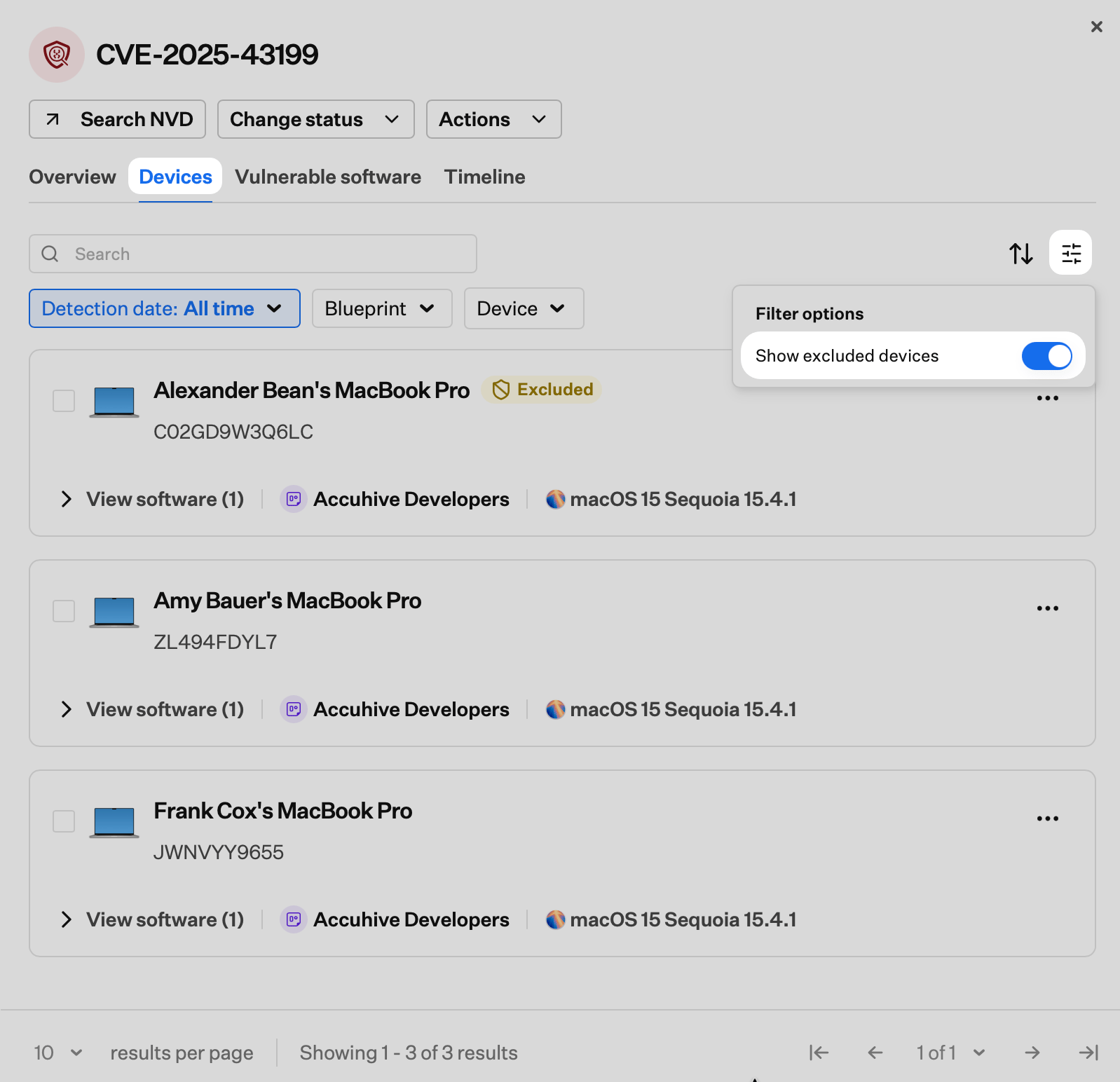 CVE Devices tab filter options with Show excluded devices toggle enabled and excluded devices listed