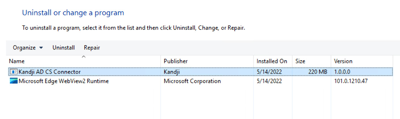 Windows Programs & Features showing Iru Endpoint AD CS Connector