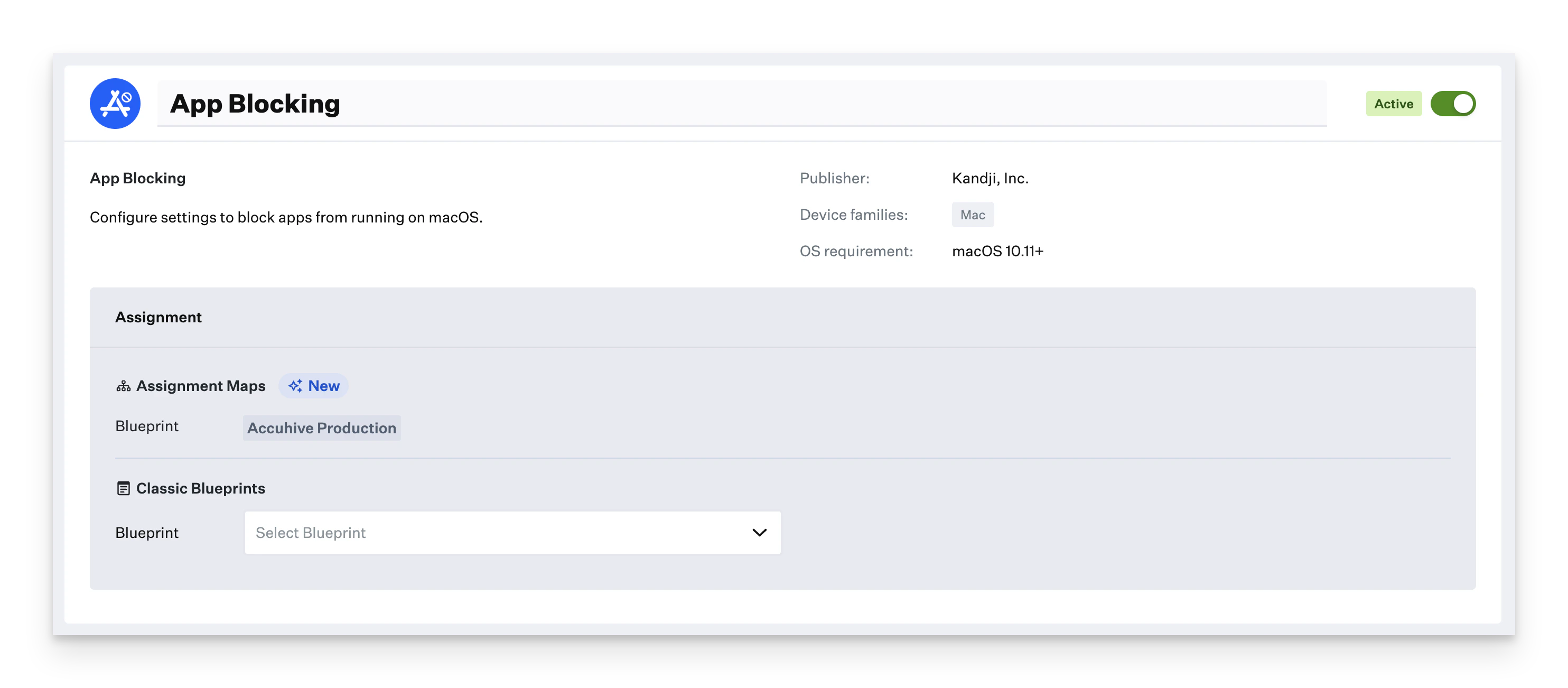 Application Blocking Library Item configuration interface showing Blueprint assignment options