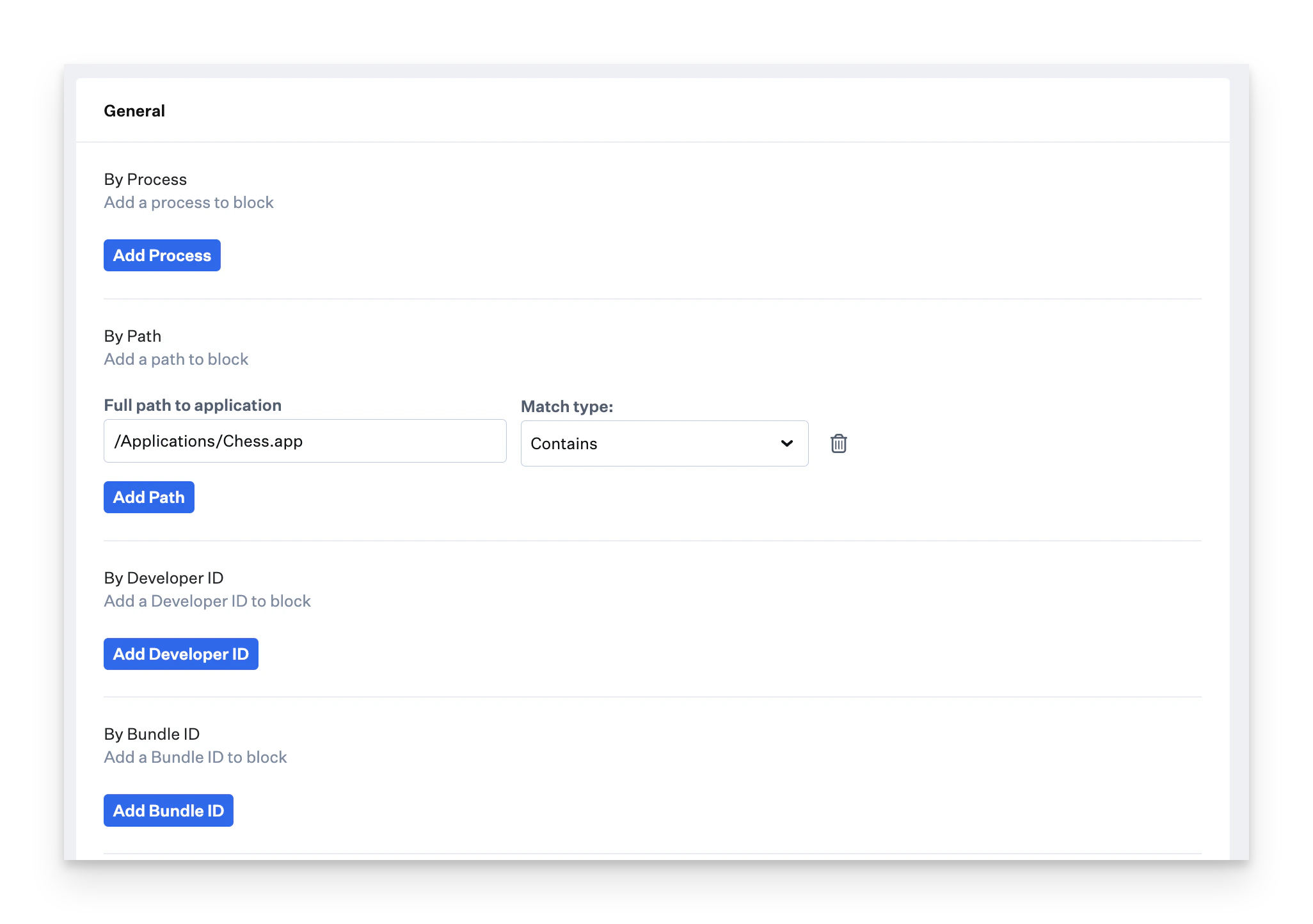 Application Blocking configuration interface showing match type options and blocking rules