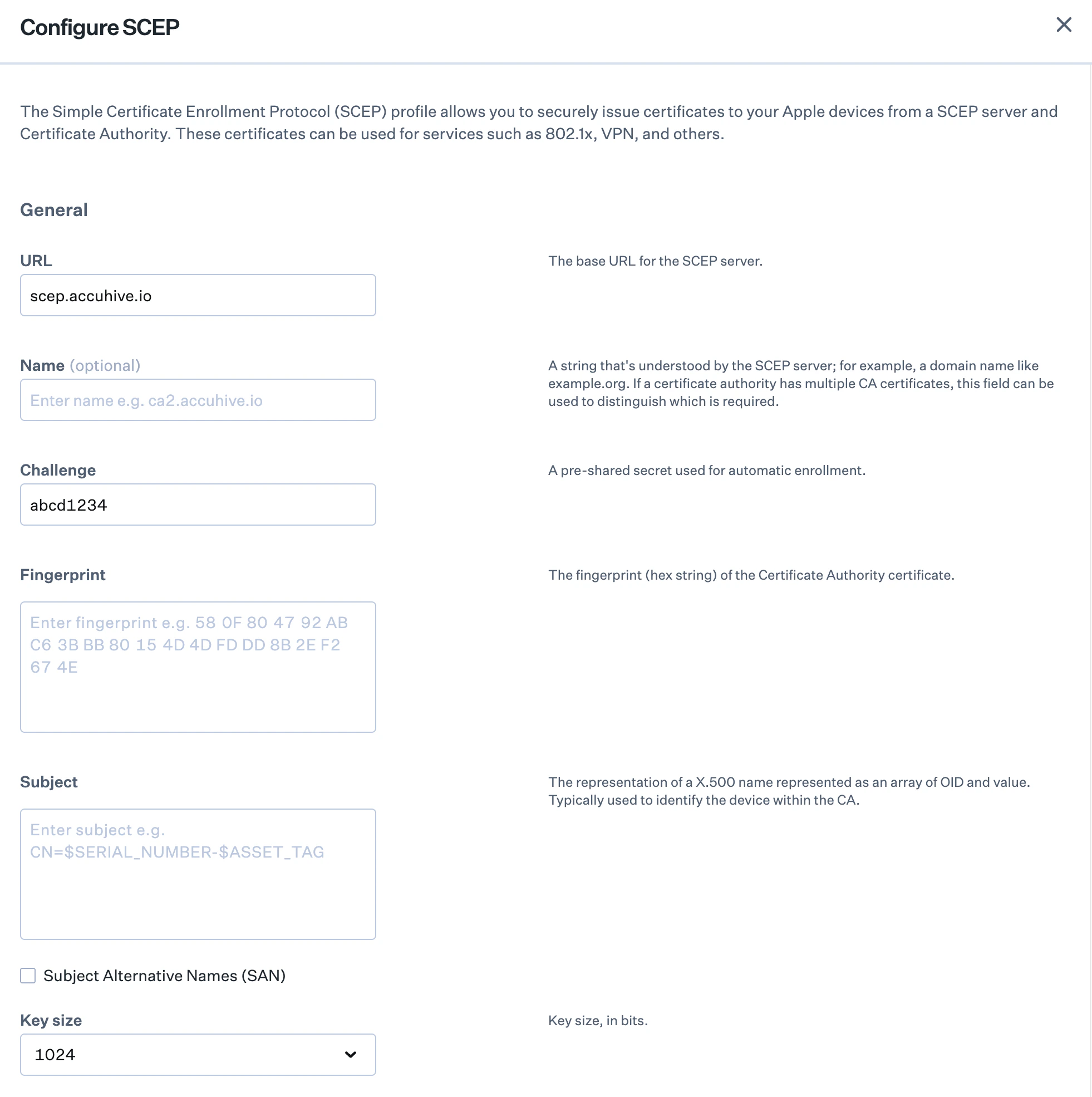 SCEP Certificate details configuration interface