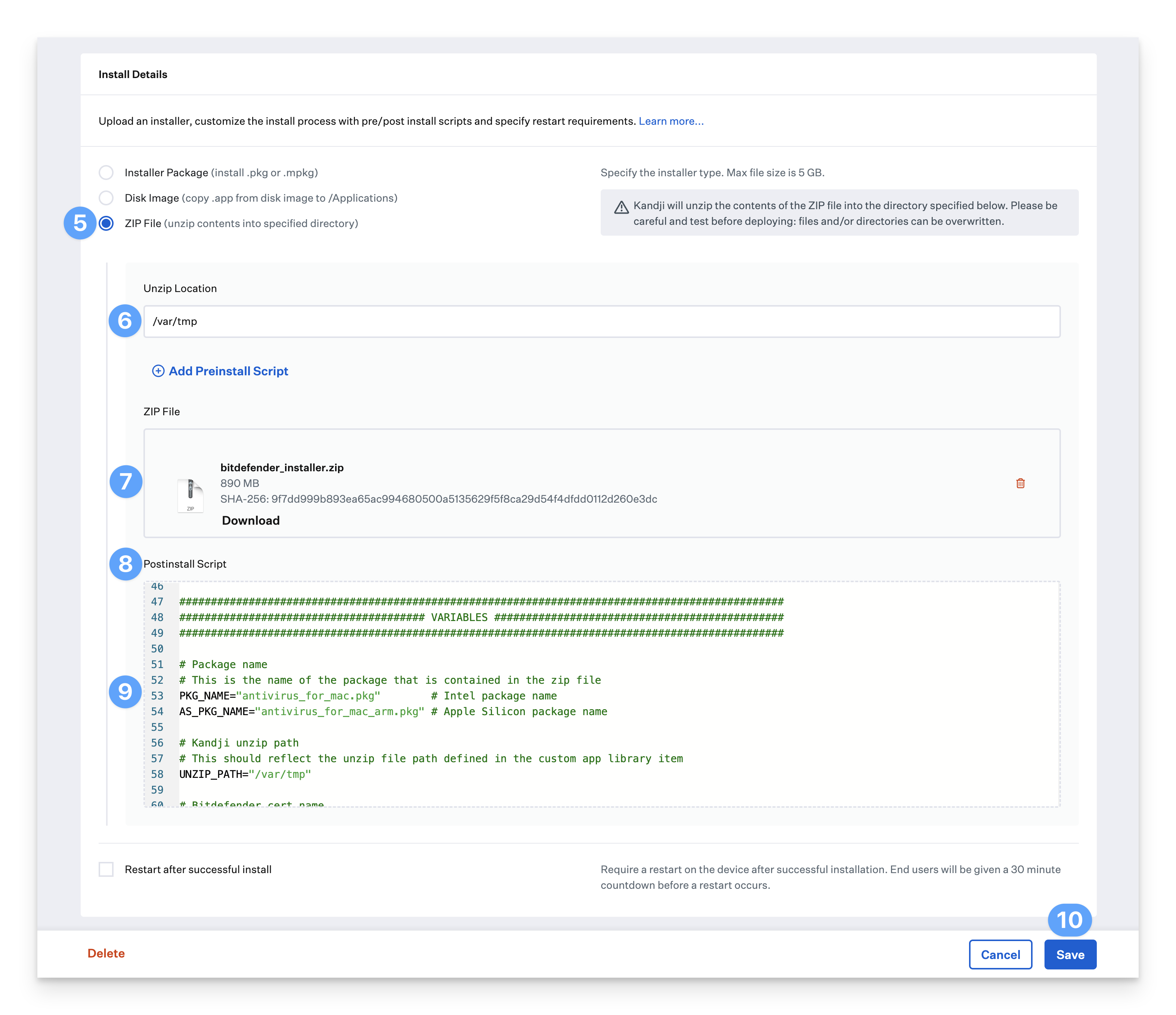 Custom App postinstall script configuration