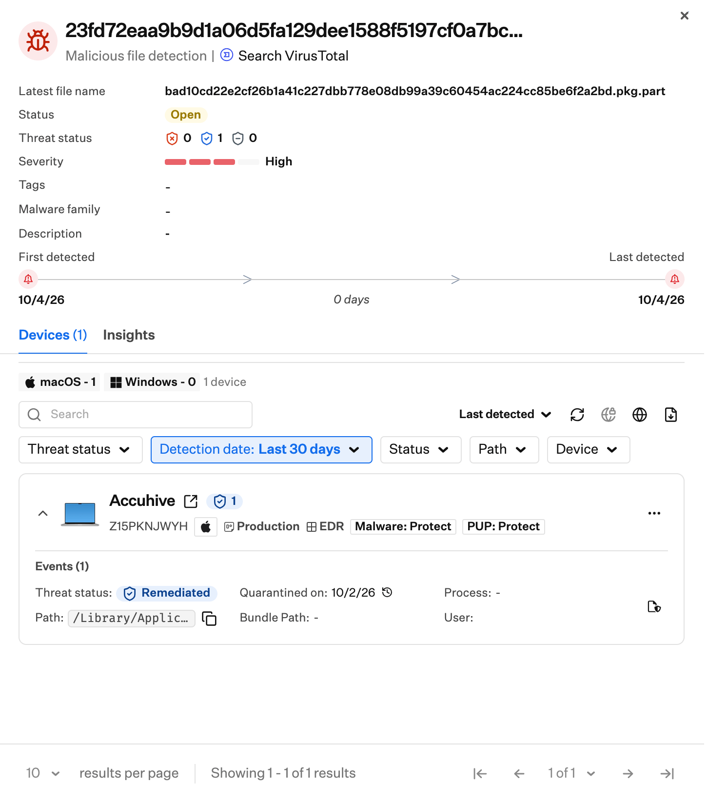 Threat detail with Status, Threat status, Severity, and Quarantined on